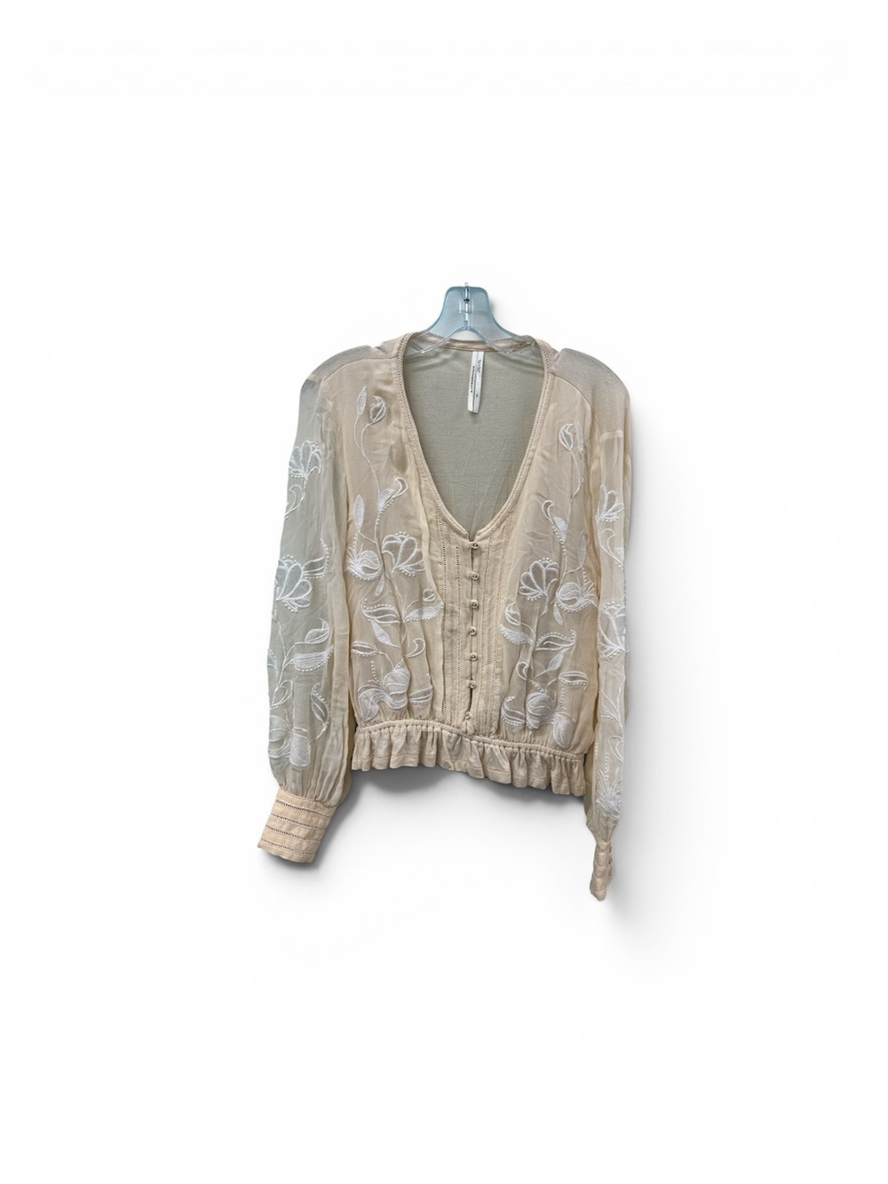 Anthropologie Beige Sheer Embroidered V-Neck Blouse